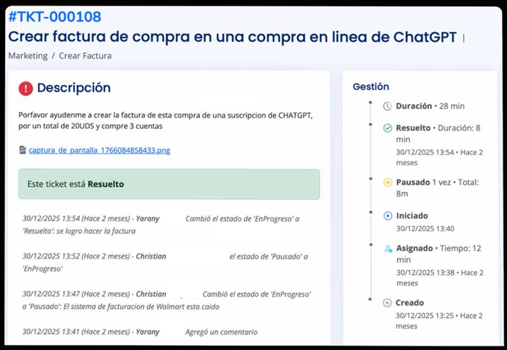 Interfaz de GST-Help mostrando el registro del historial de tiempos